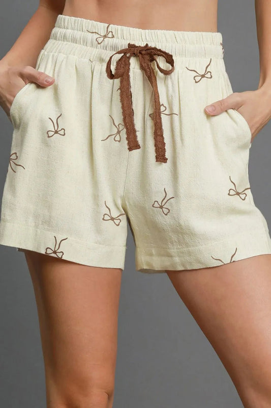 Bow Print Lace Drawstring Casual Shorts