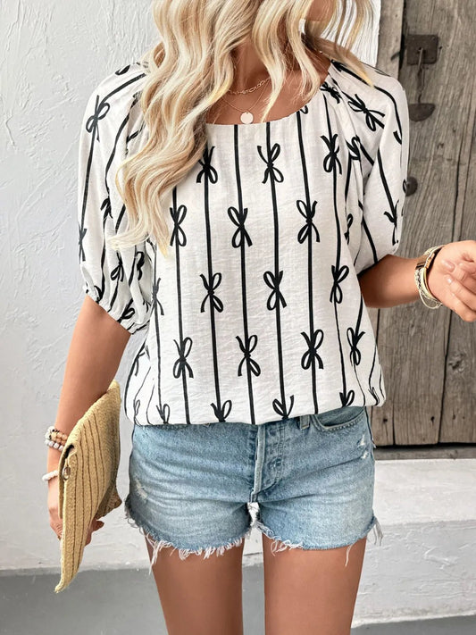 Bow Print Puff Sleeve Casual Blouse