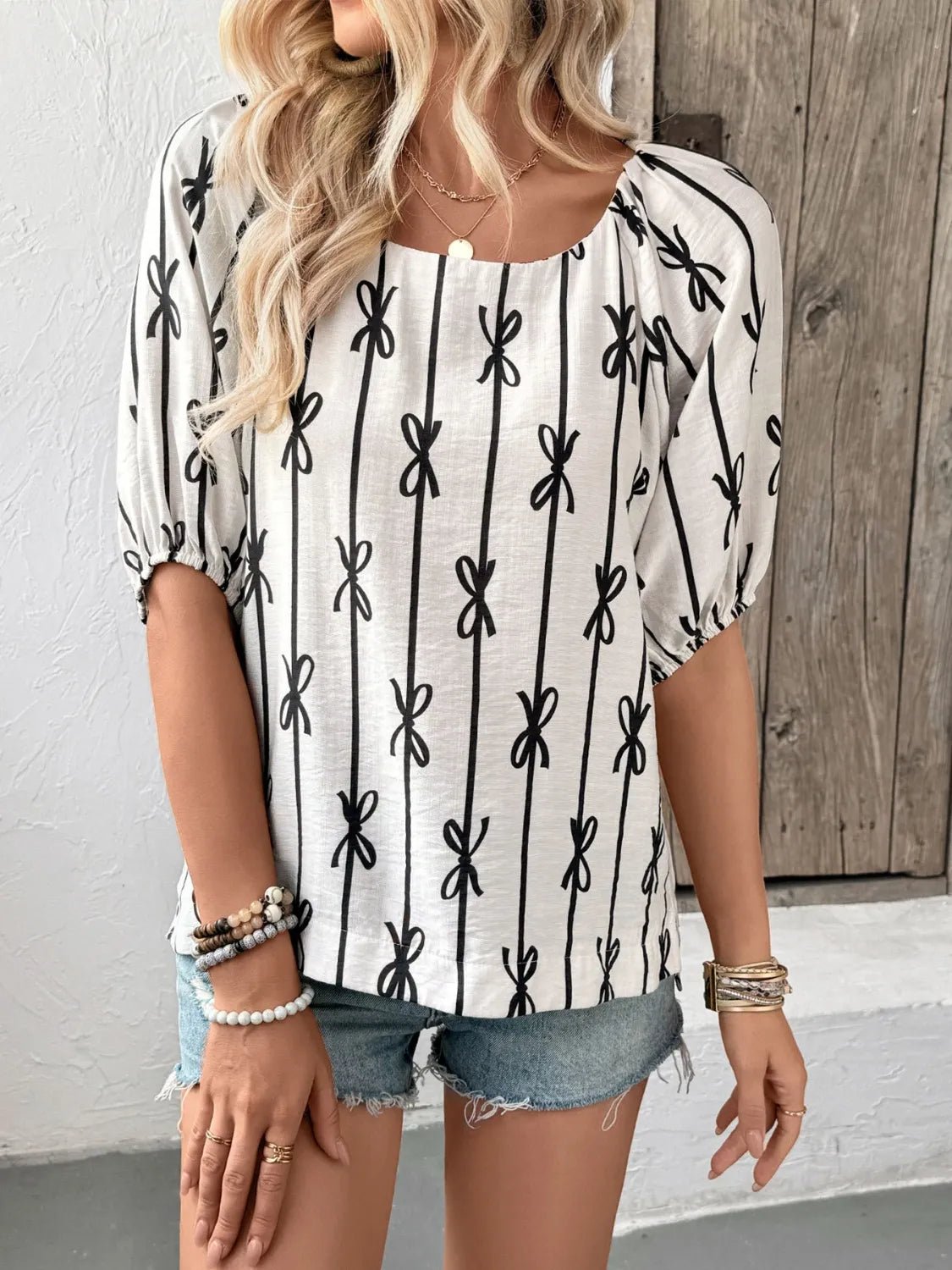 Bow Print Puff Sleeve Casual Blouse