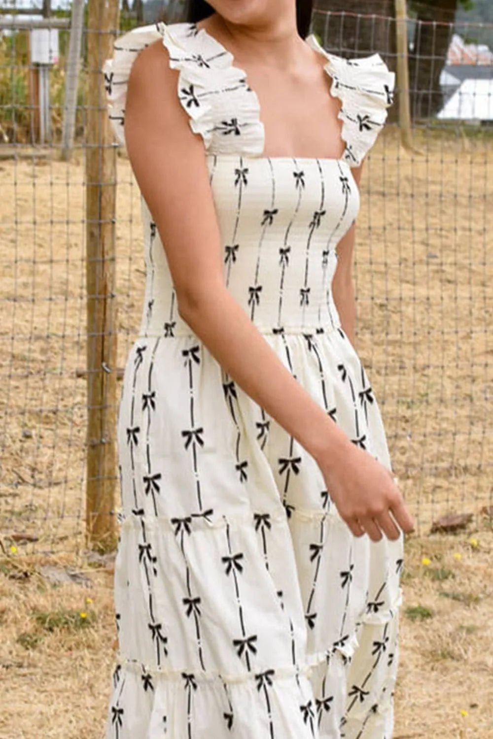 Bow Print Smocked Square Neck Ruffle Tiered Maxi Dress