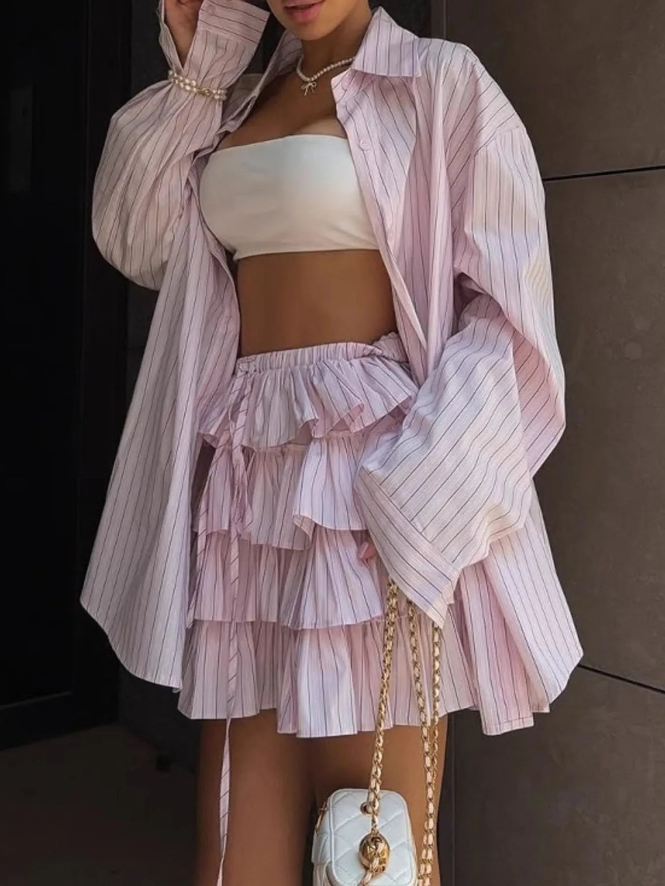 Button Down Striped Shirt and Layered Skirt Set