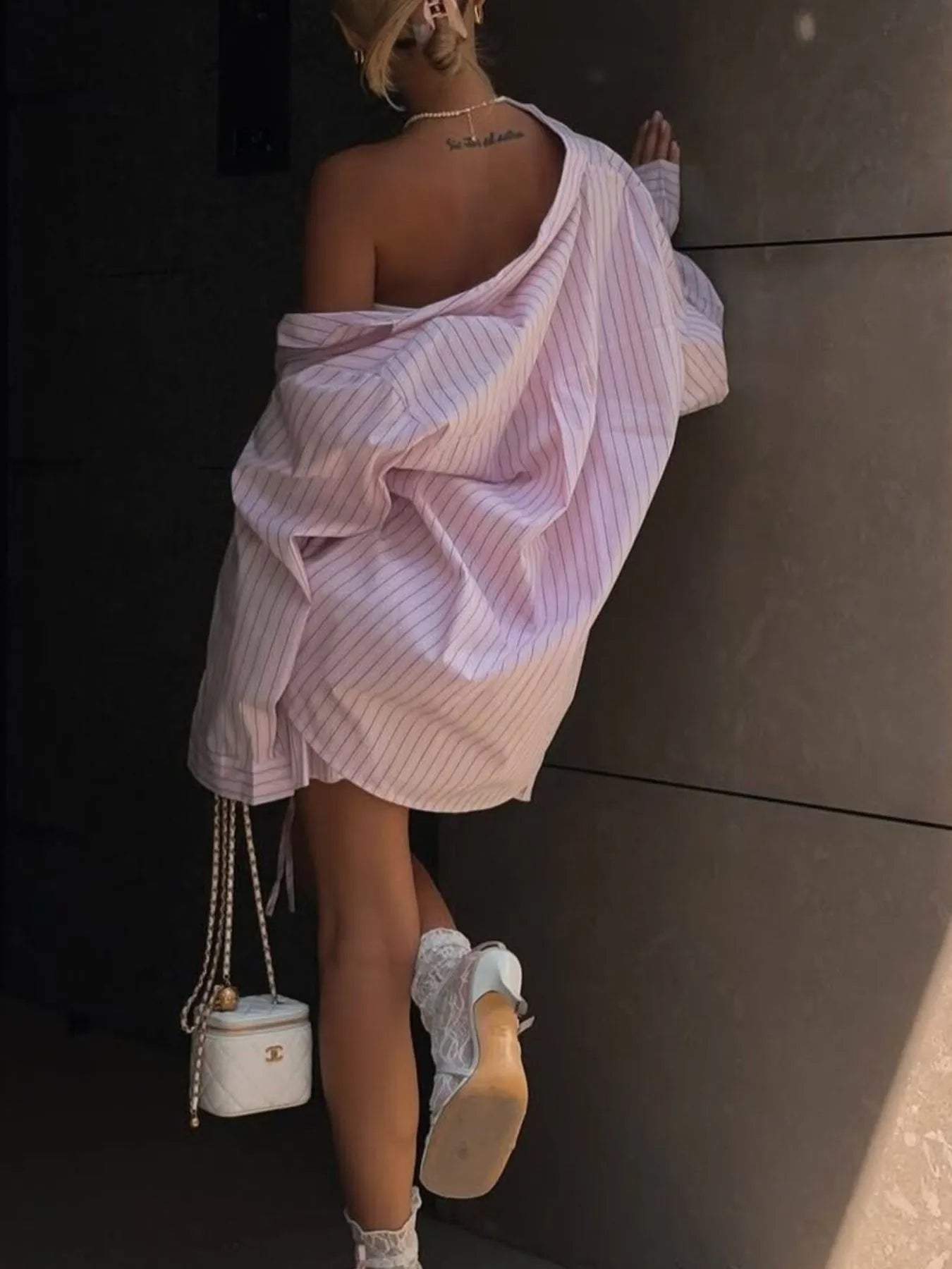 Button Down Striped Shirt and Layered Skirt Set