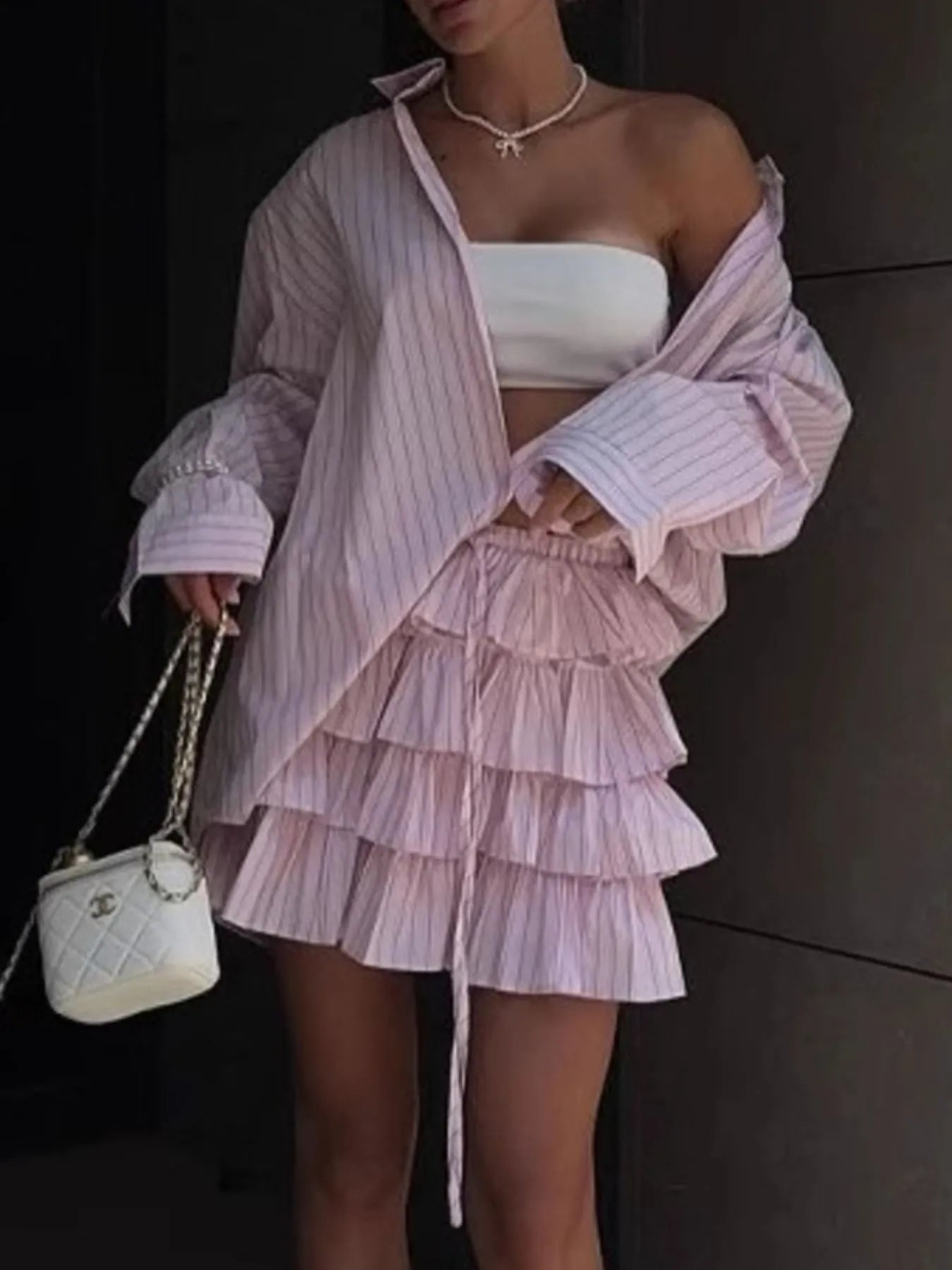 Button Down Striped Shirt and Layered Skirt Set