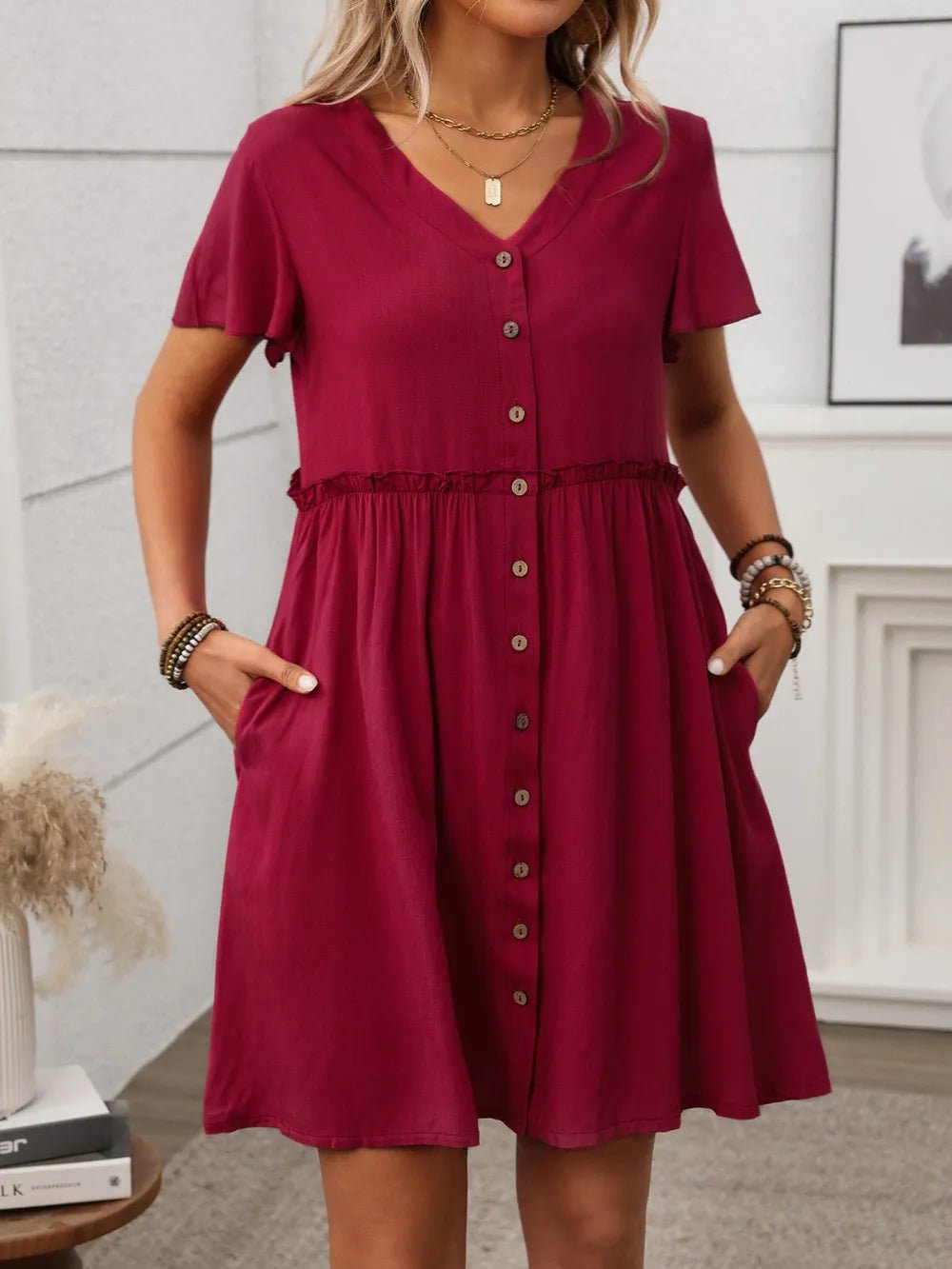 Button Front Flutter Sleeve Dress