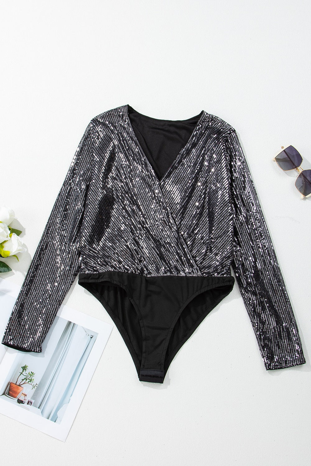 Sequin Surplice Long Sleeve Bodysuit - Classique Collection