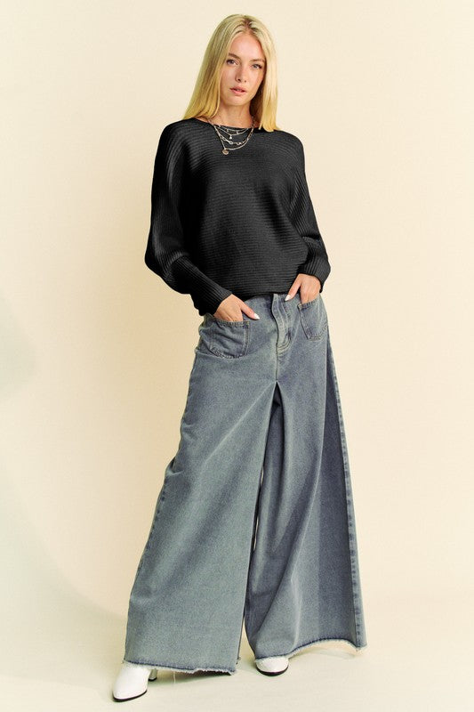 Davi & Dani Round Neck Batwing Sleeve Sweater - ClassiQ