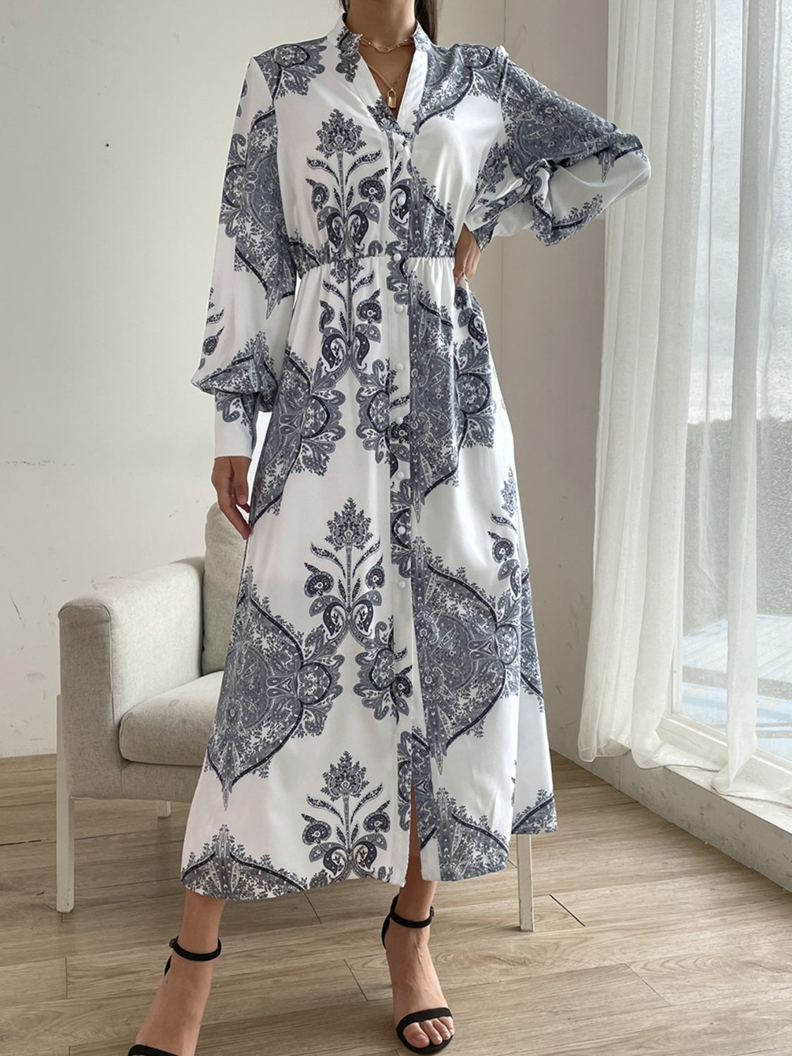 Printed Notched Lantern Sleeve Midi Dress - Classique Collection