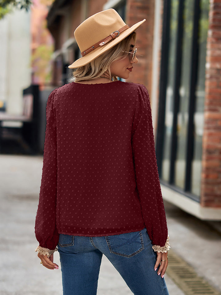 Swiss Dot V-Neck Long Sleeve Blouse - Classique Collection