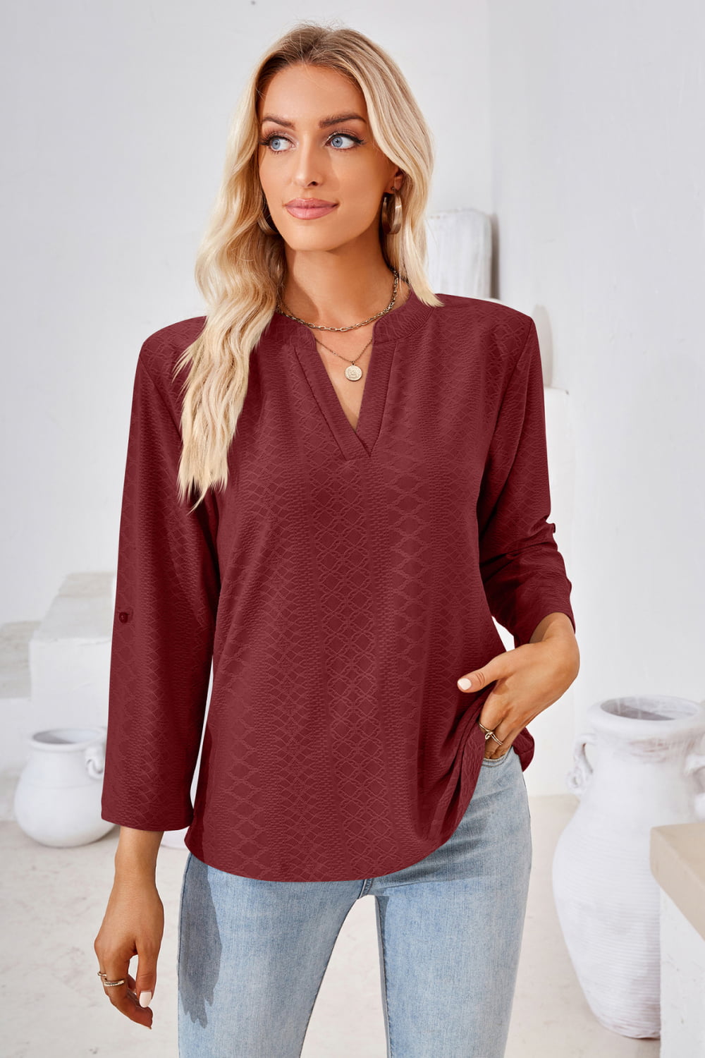 V-Neck Roll-Tap Sleeve Blouse - Classique Collection