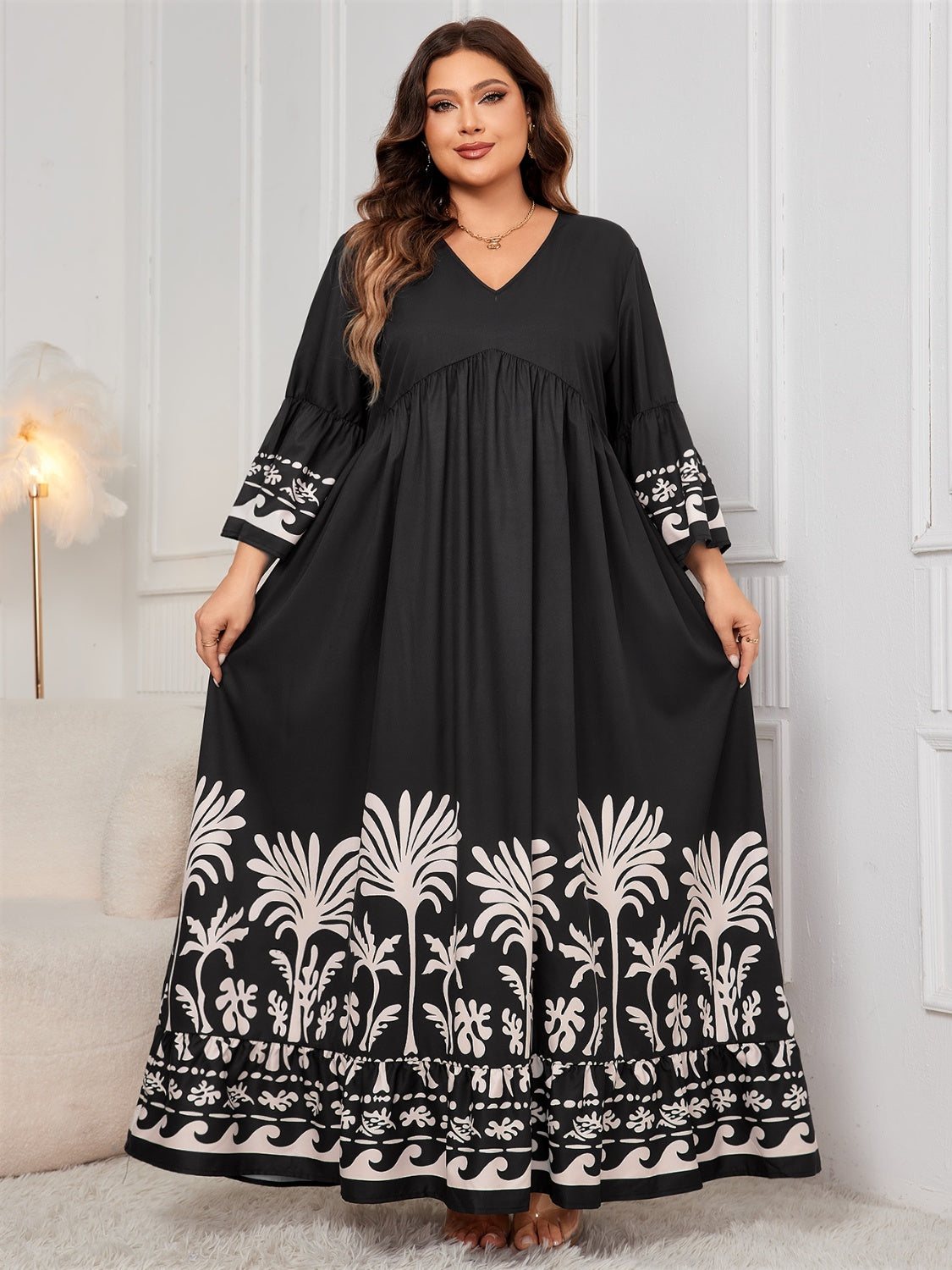 Honey Plus Size Printed V-Neck Long Sleeve Maxi Dress - Classique Collection