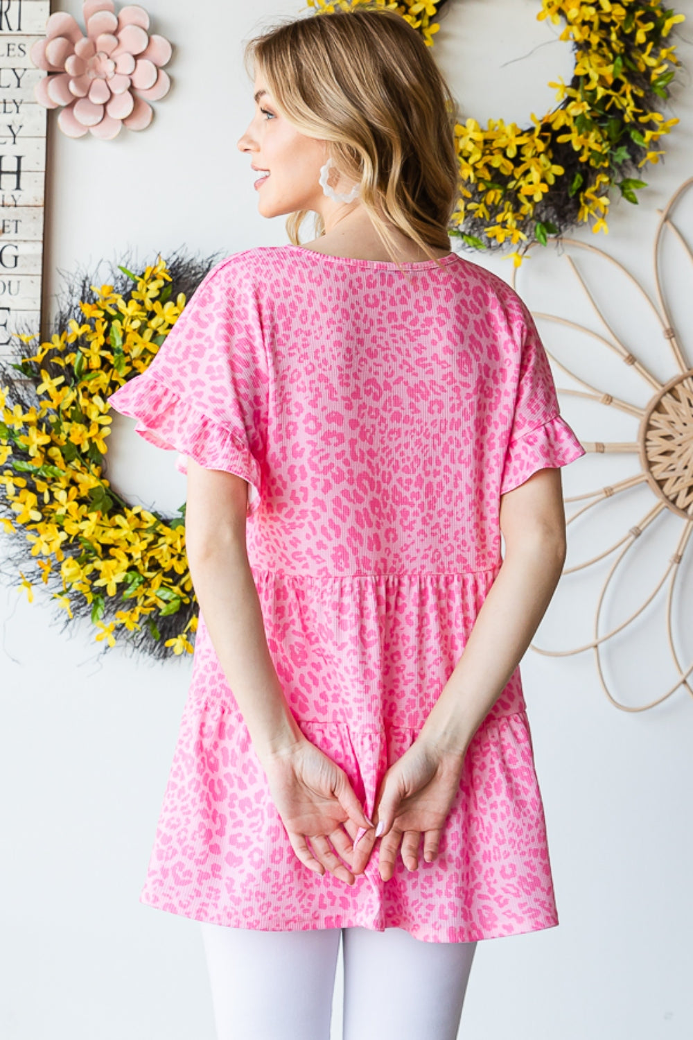 Heimish Full Size Leopard Ruffle Trim Short Sleeve Top - Classique Collection