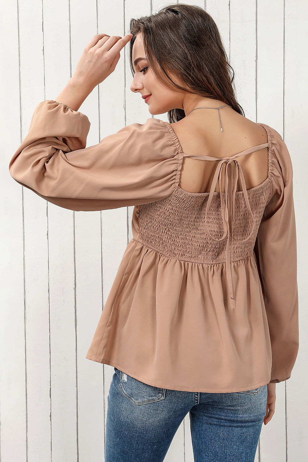 Tie Back Smocked Long Sleeve Babydoll Blouse - Classique Collection