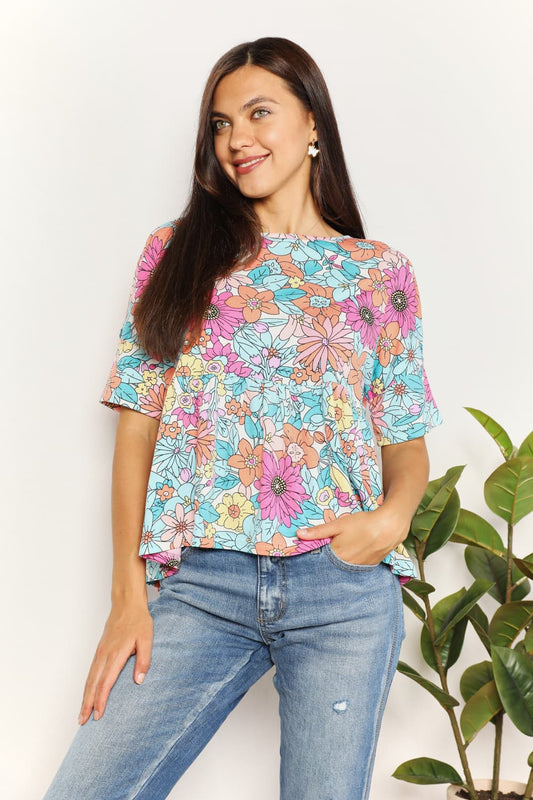 Double Take Floral Round Neck Babydoll Top - Classique Collection