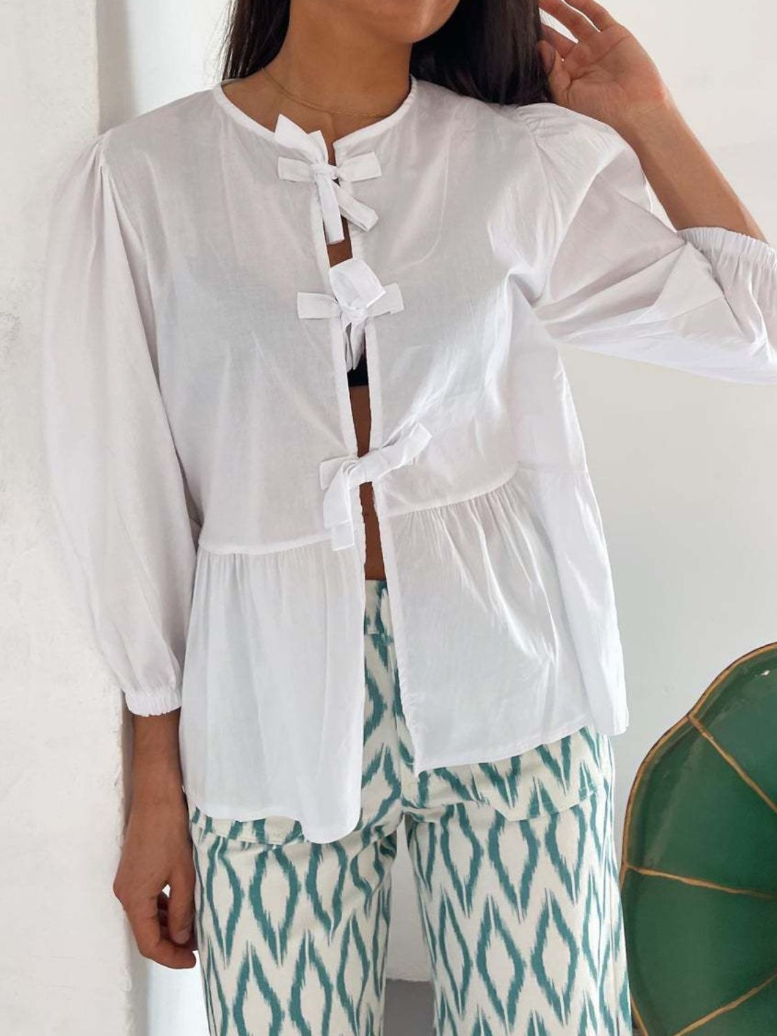 Tied Round Neck Balloon Sleeve Shirt - Classique Collection