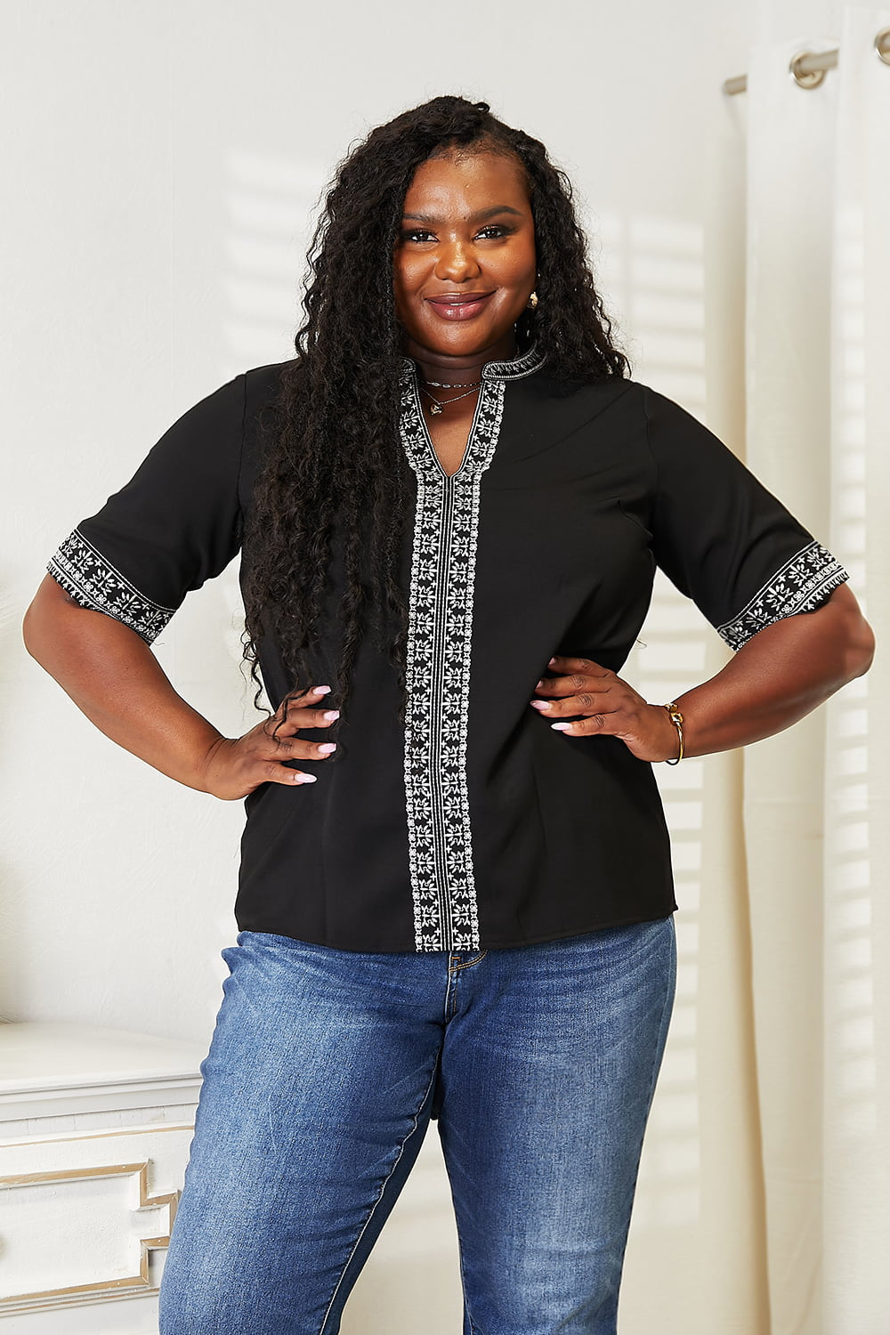 Double Take Embroidered Notched Neck Top - ClassiQ