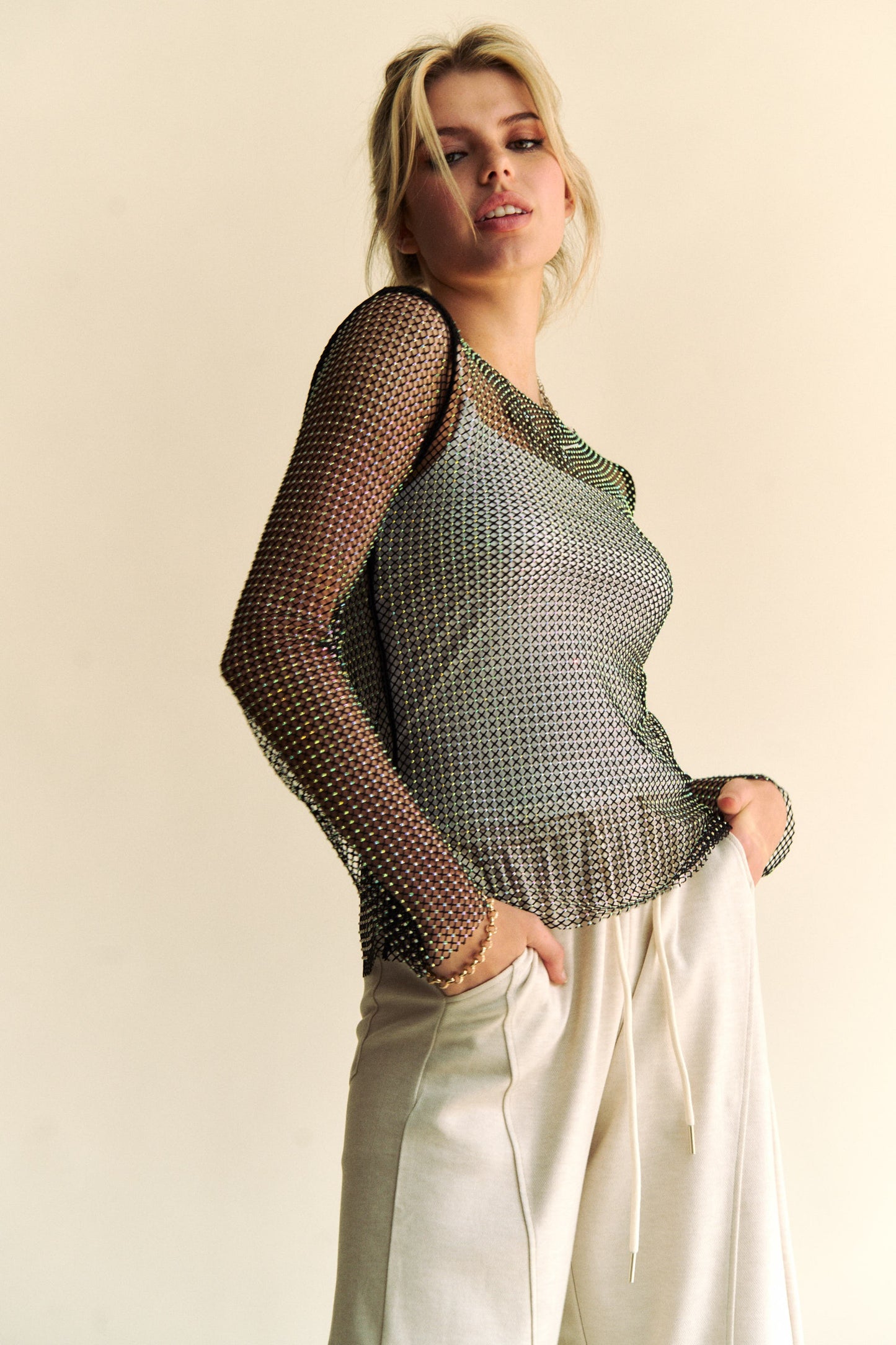 Davi & Dani Sparkling Rhinestone Sheer Mesh Round Neck Top - Classique Collection