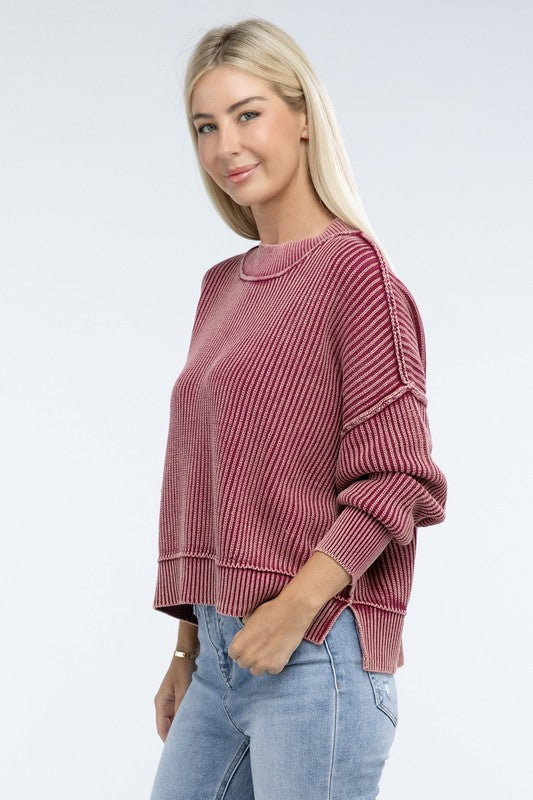 Washed Side Slit Oversized Cropped Sweater - Classique Collection