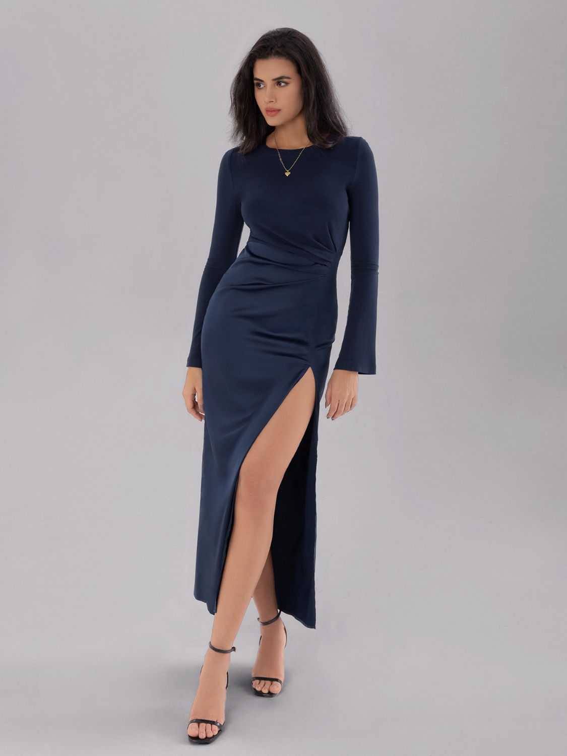 Split Round Neck Long Sleeve Midi Dress - Classique Collection