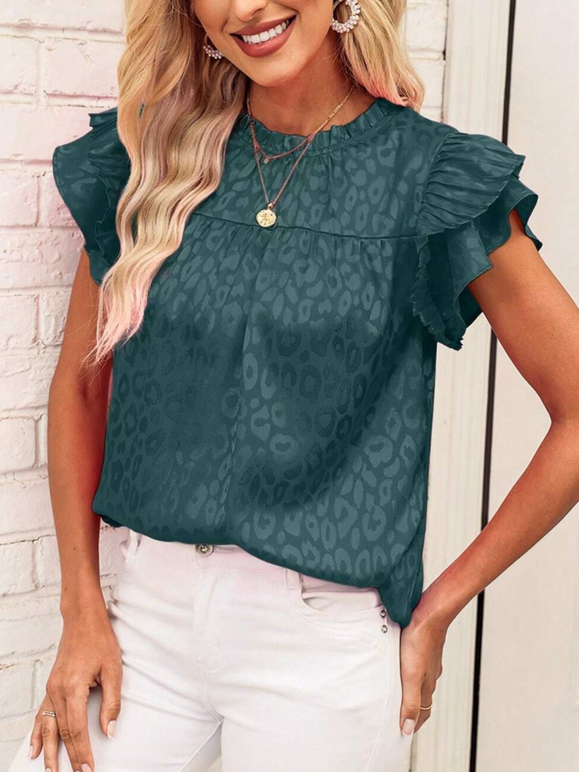 Leopard Frill Mock Neck Ruffled Cap Sleeve Top - Classique Collection