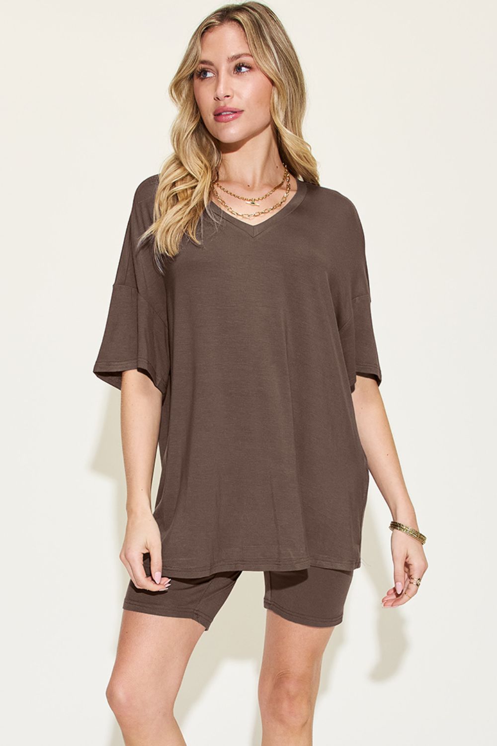 Basic Bae Full Size V-Neck Drop Shoulder T-Shirt and Shorts Set - ClassiQ