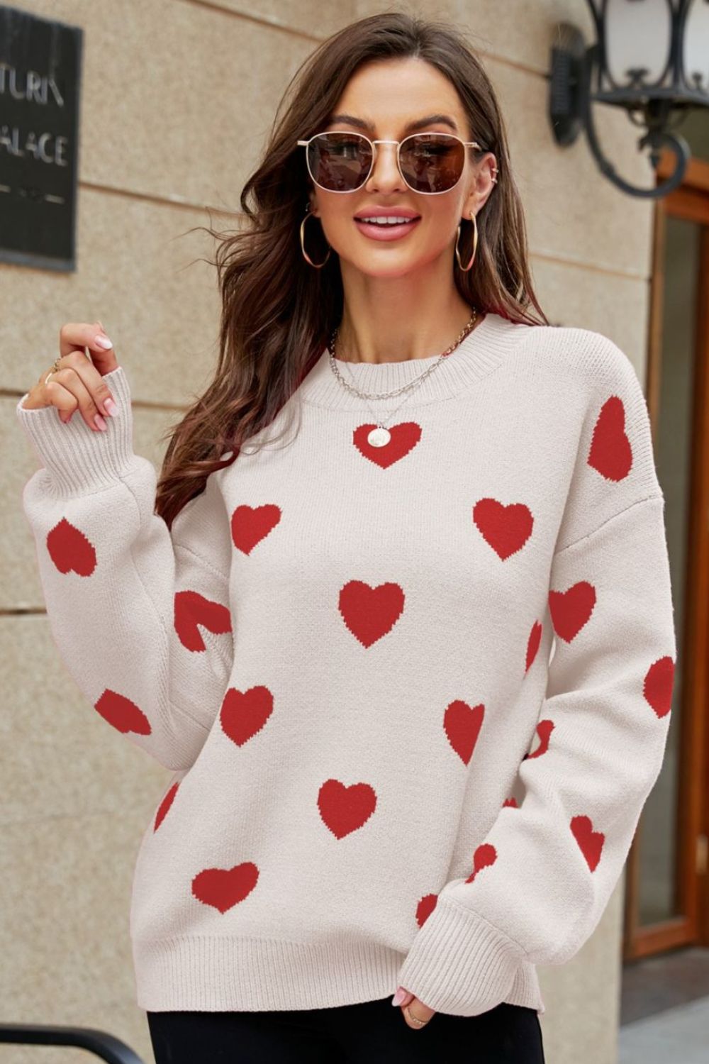 Woven Right Heart Pattern Lantern Sleeve Round Neck Tunic Sweater - ClassiQ