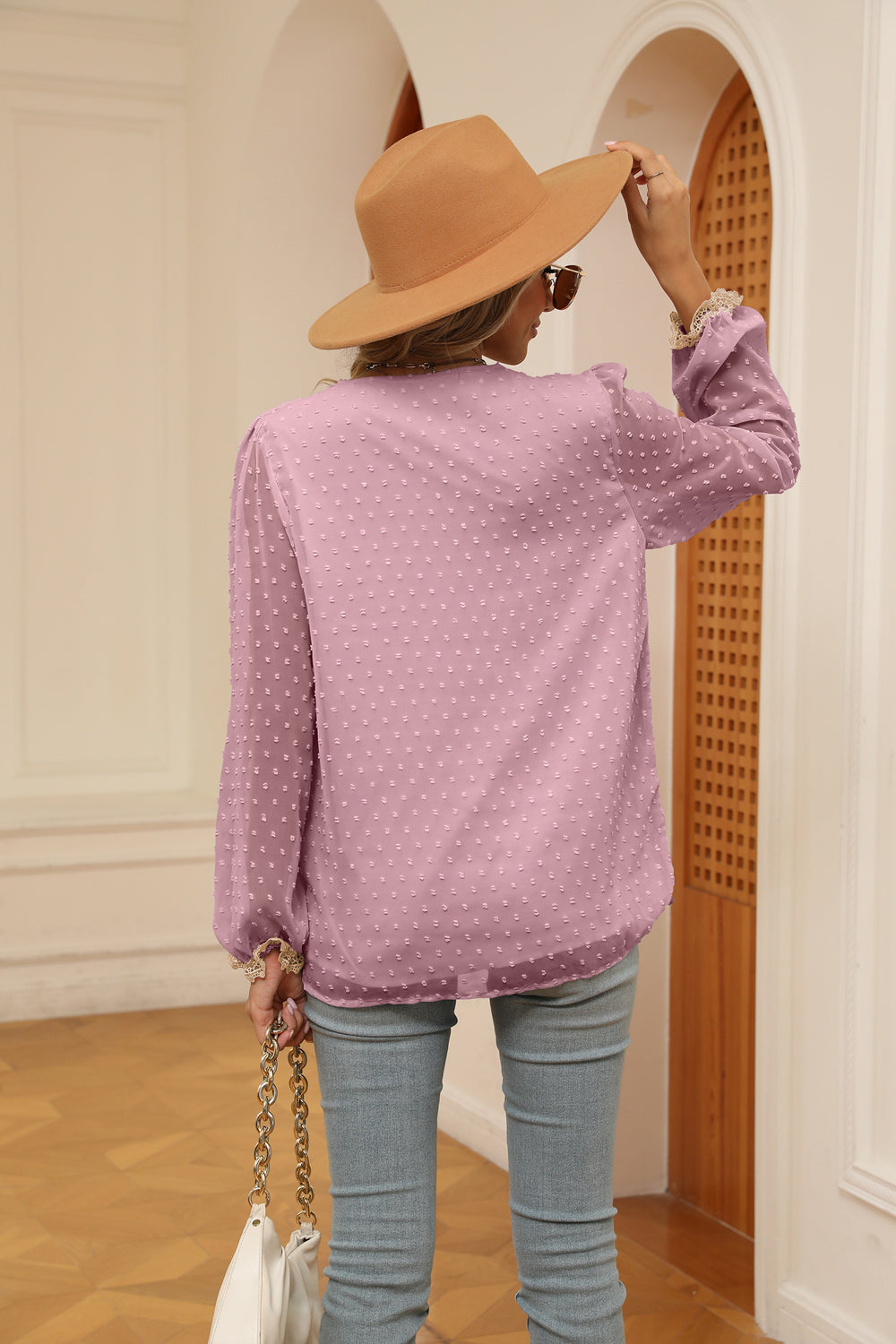 Swiss Dot Contrast V-Neck Blouse - ClassiQ
