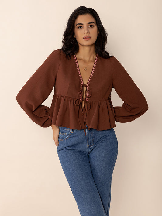 Peplum Tied V-Neck Long Sleeve Blouse - Classique Collection