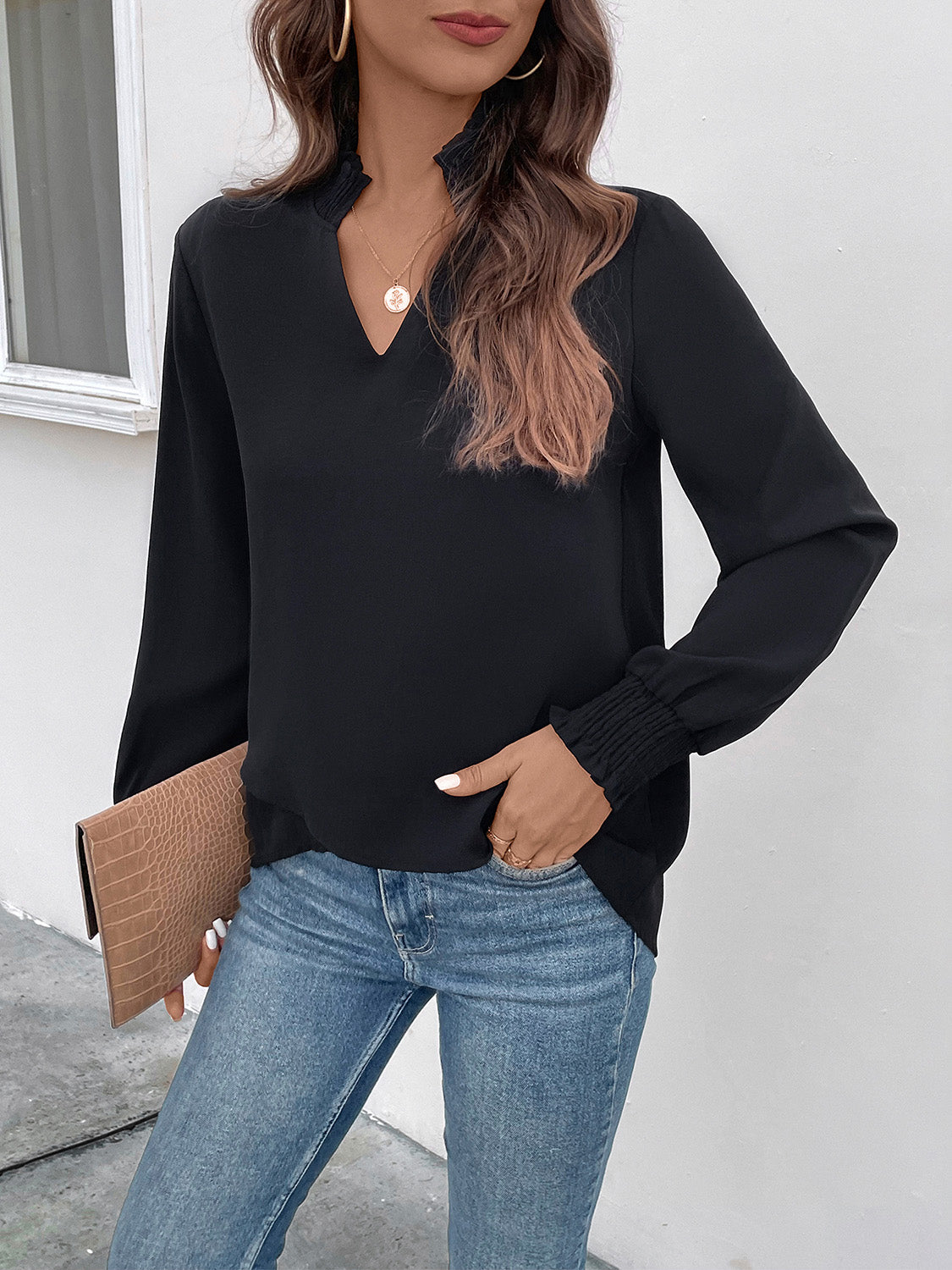 Perfee Smocked Notched Long Sleeve Blouse - ClassiQ