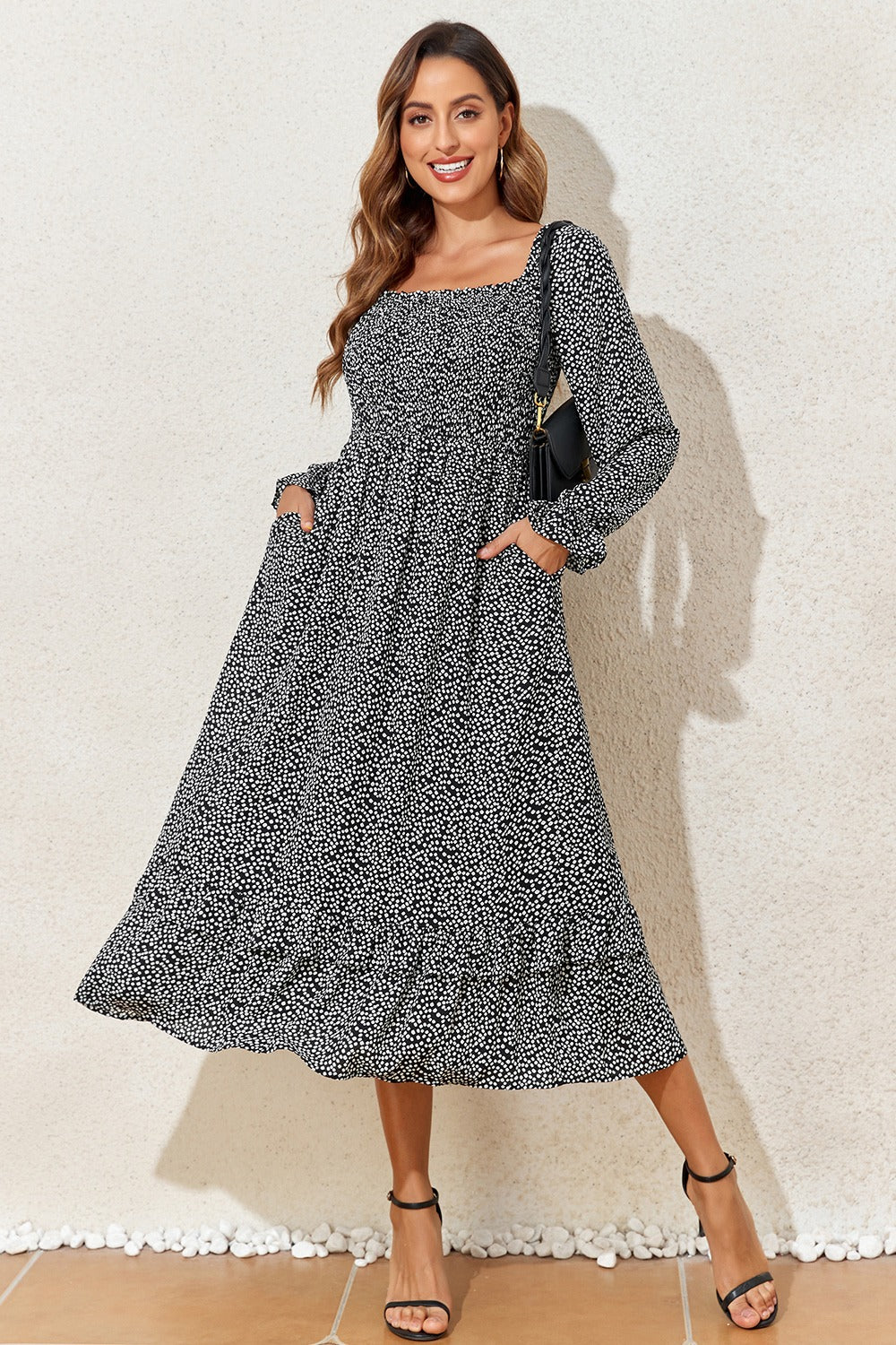 Printed Square Neck Long Sleeve Midi Dress - Classique Collection