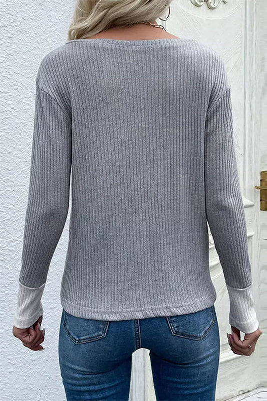 Color Block V-Neck Ribbed Top with Pocket - ClassiQ