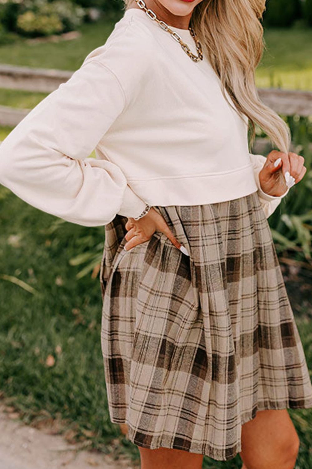 Plaid Round Neck Long Sleeve Mini Dress - Classique Collection