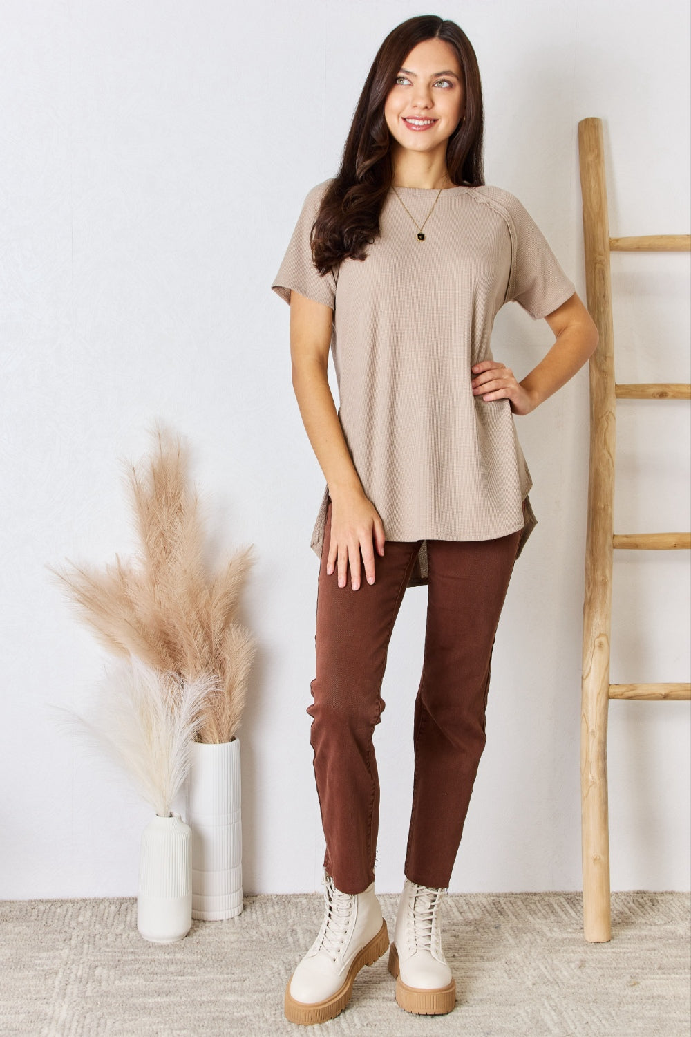 Zenana Baby Waffle Short Sleeve Slit High-Low T-Shirt - Classique Collection
