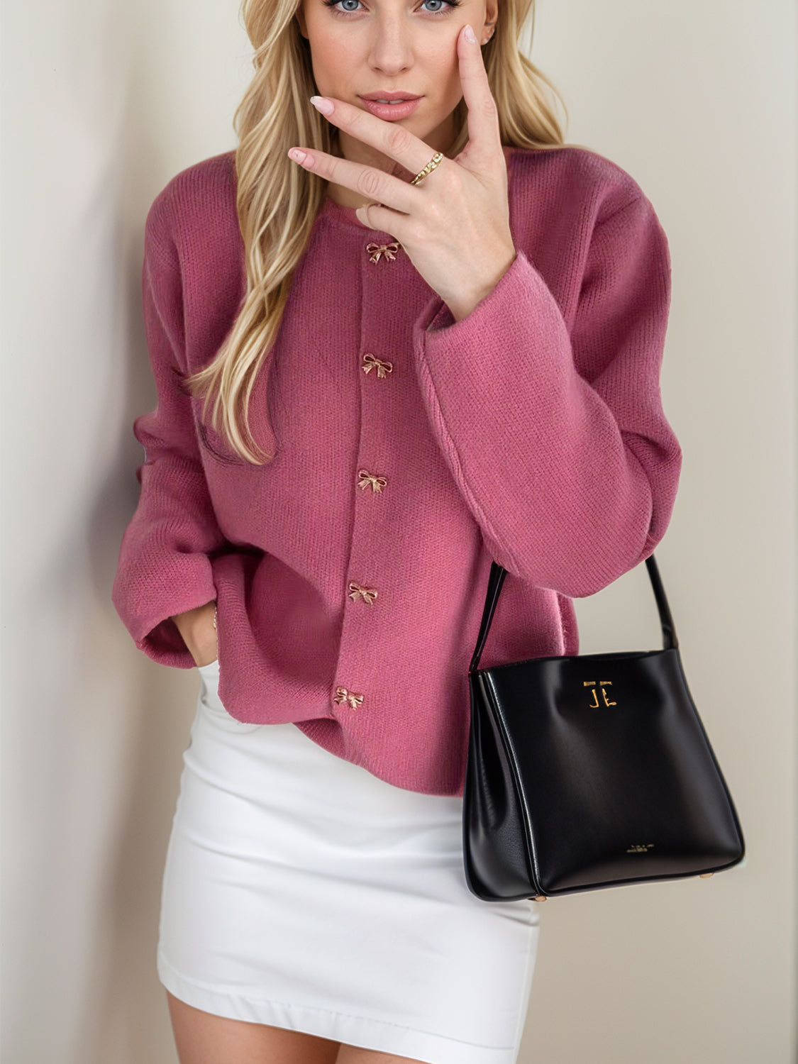 Bow Button Down Round Neck Long Sleeve Cardigan - Classique Collection