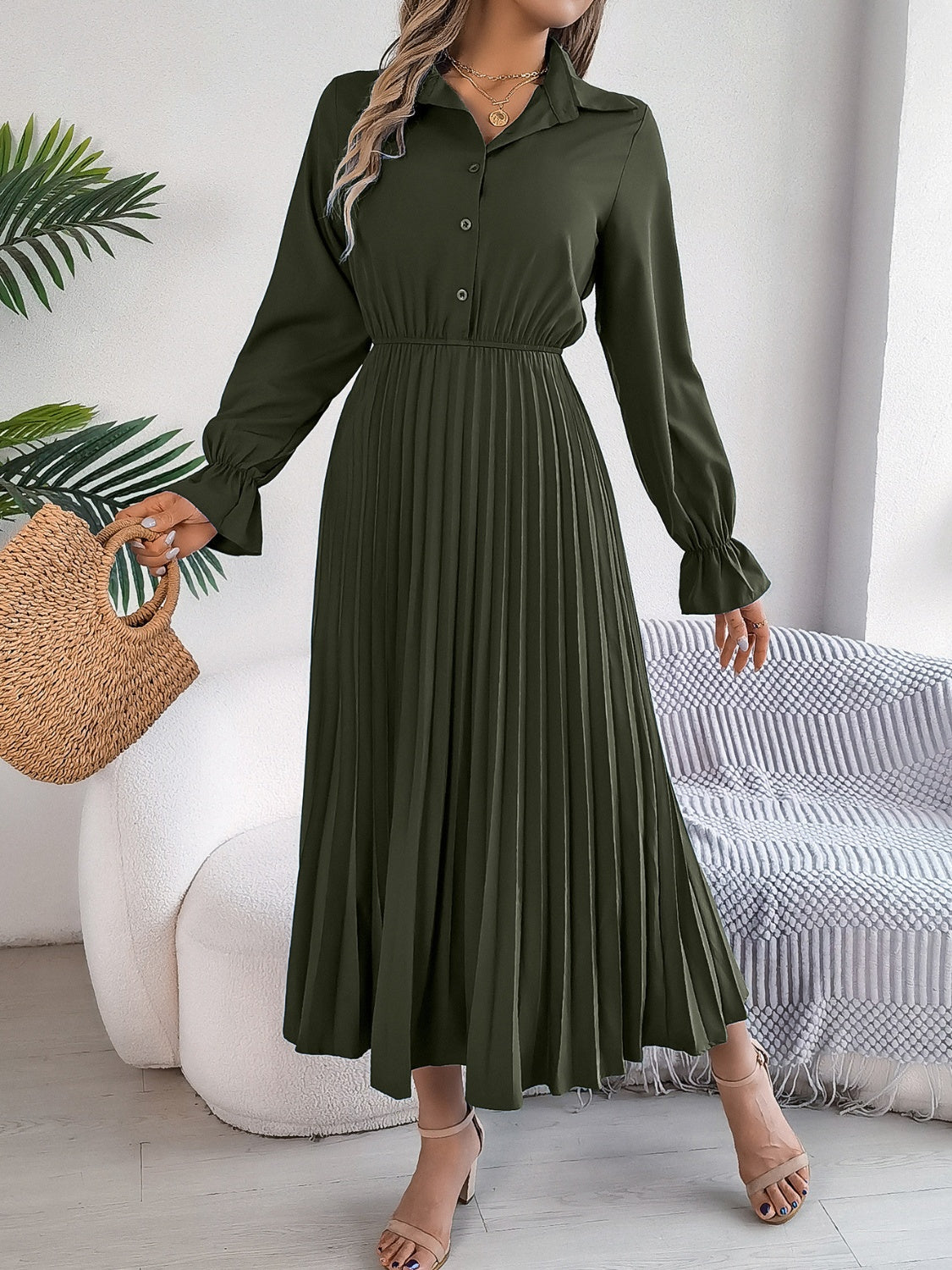 Pleated Half Button Long Sleeve Midi Dress - Classique Collection