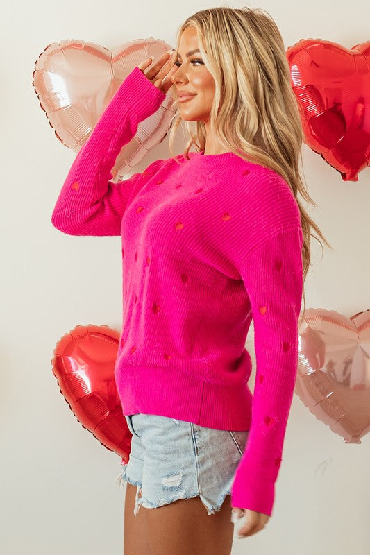 Red Heart Shape Drop Shoulder Round Neck Sweater - Classique Collection
