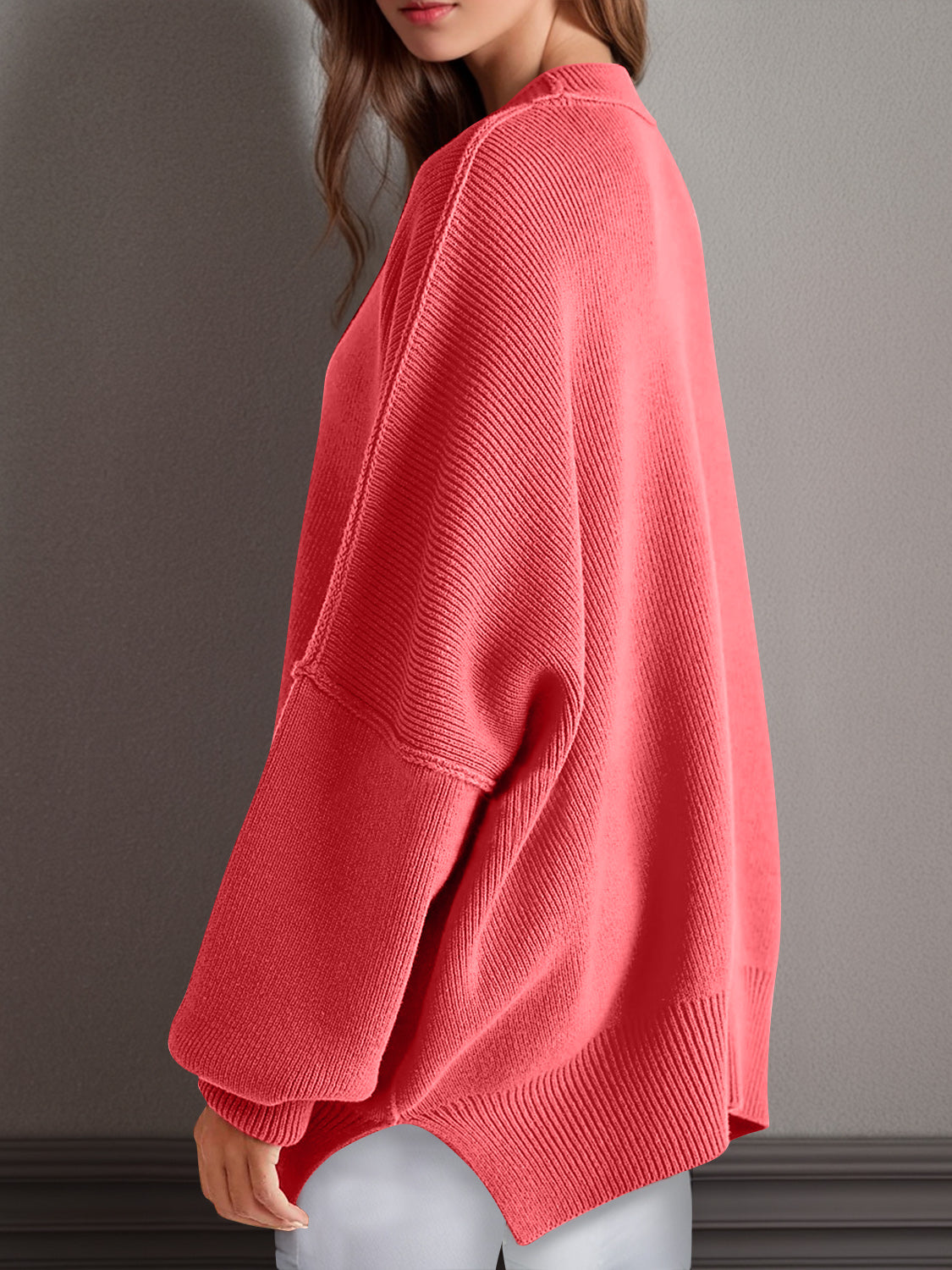 Double Take Side Slit Round Neck Long Sleeve Sweater - ClassiQ