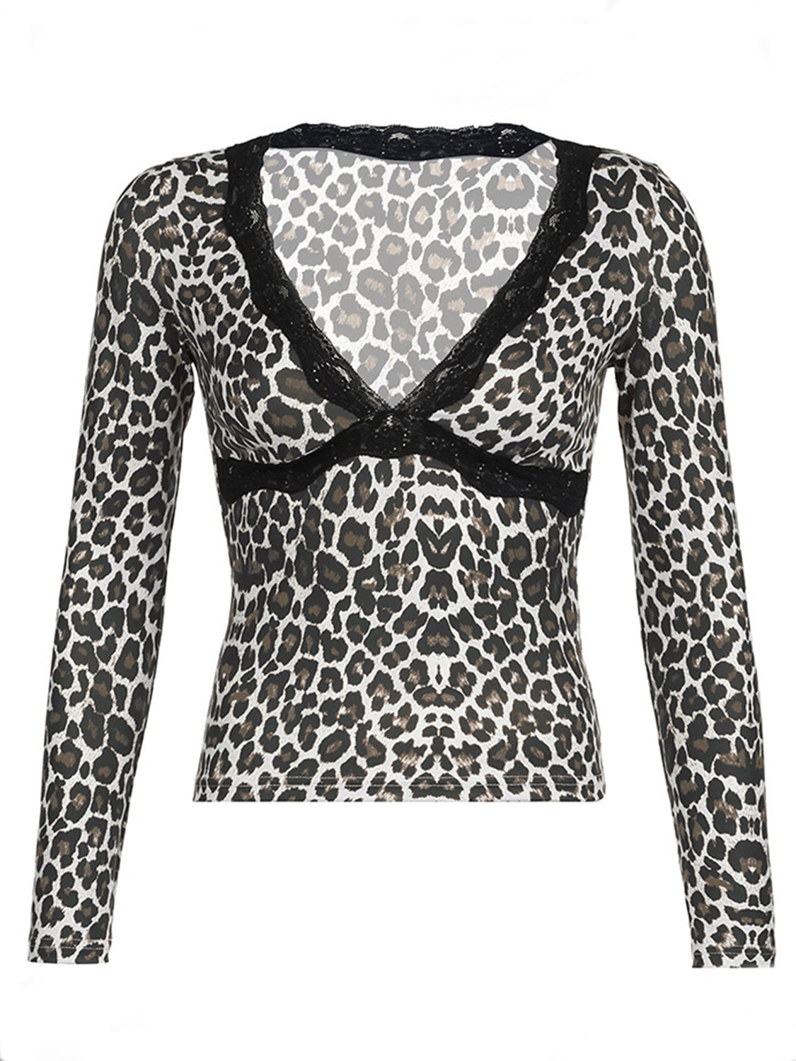 Devine Lace Detail Leopard V-Neck Long Sleeve T-Shirt - Classique Collection