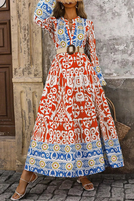 Printed Notched Long Sleeve Maxi Dress - Classique Collection