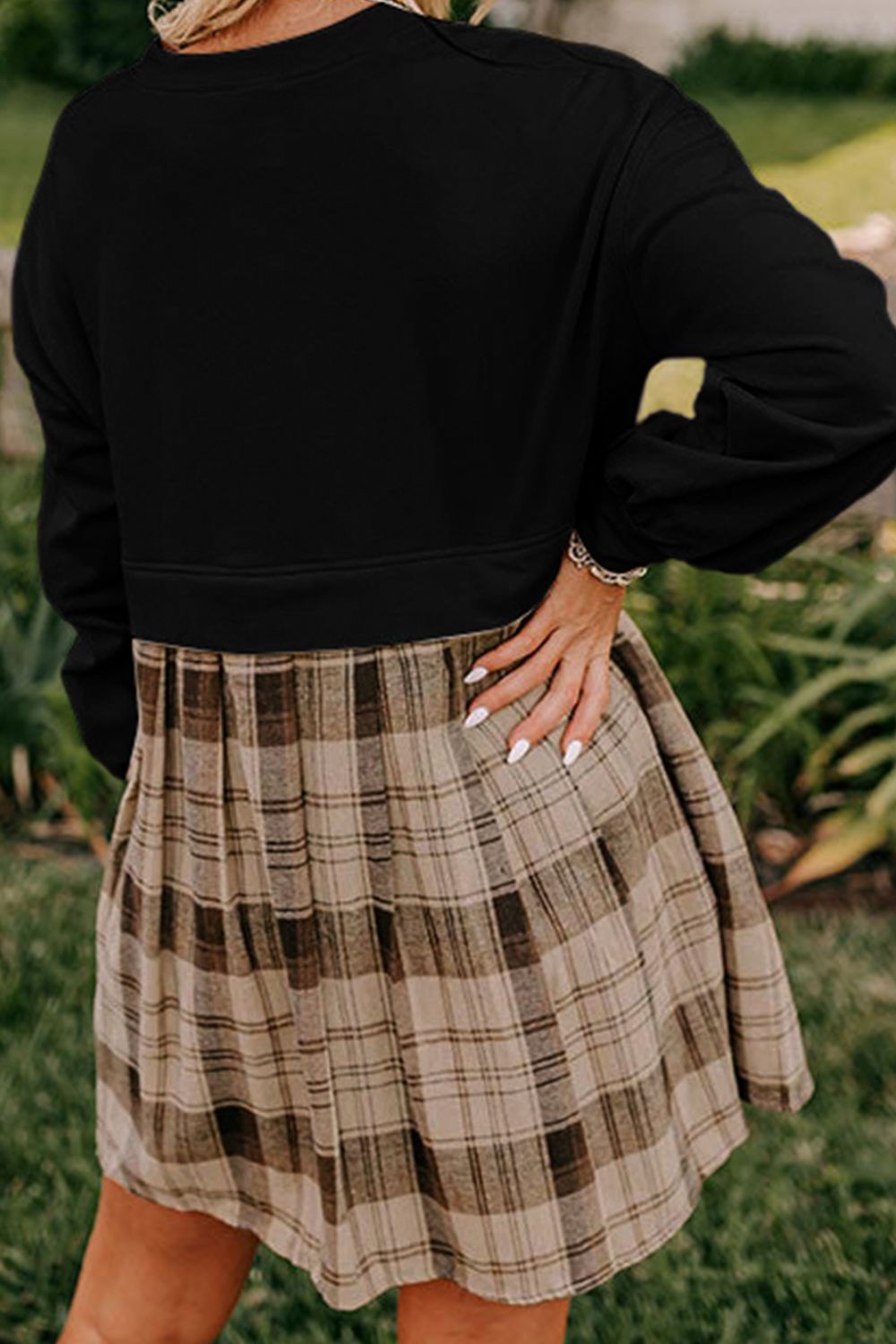 Plaid Round Neck Long Sleeve Mini Dress - Classique Collection