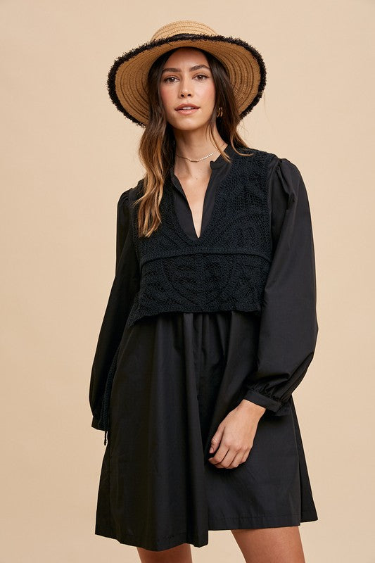 Annie Wear Crochet Vest Notched Long Sleeve Shirt Dress - ClassiQ