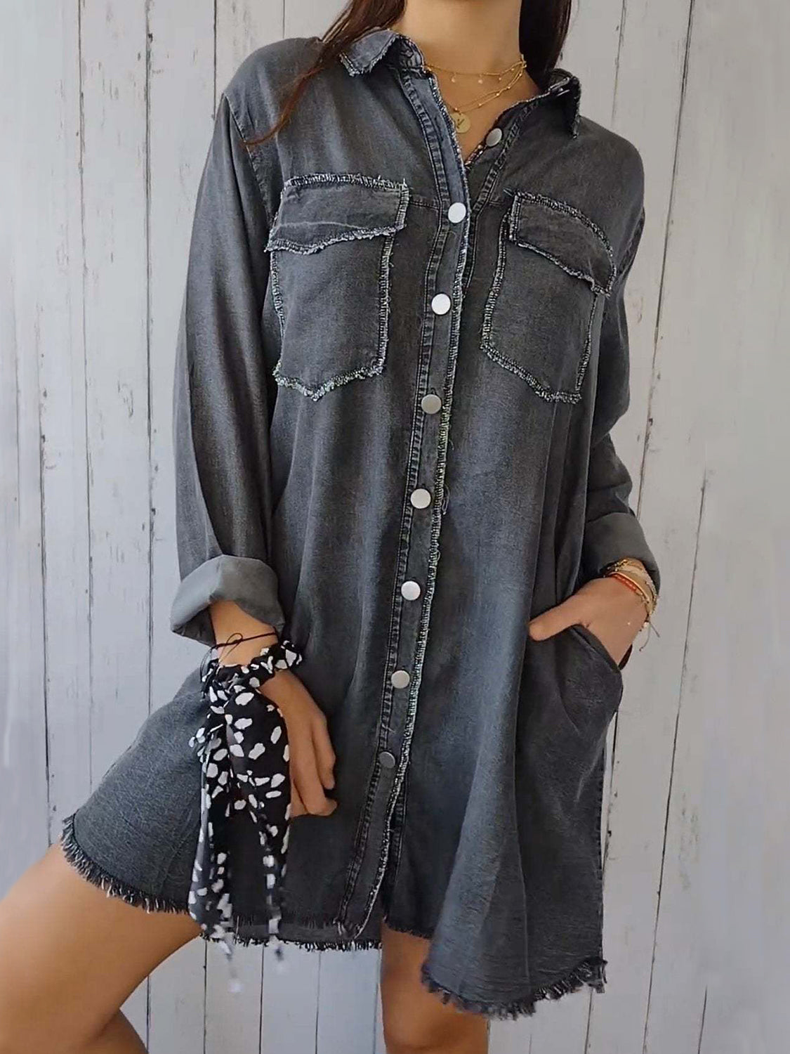 Full Size Raw Hem Button Up Long Sleeve Denim Top Plus Size - Classique Collection