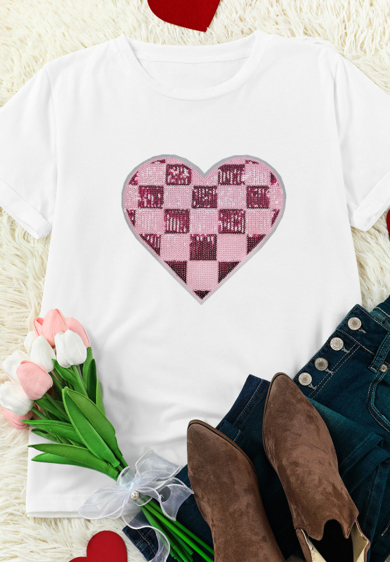 Sequin Checkered Heart Round Neck Short Sleeve T-Shirt - Classique Collection