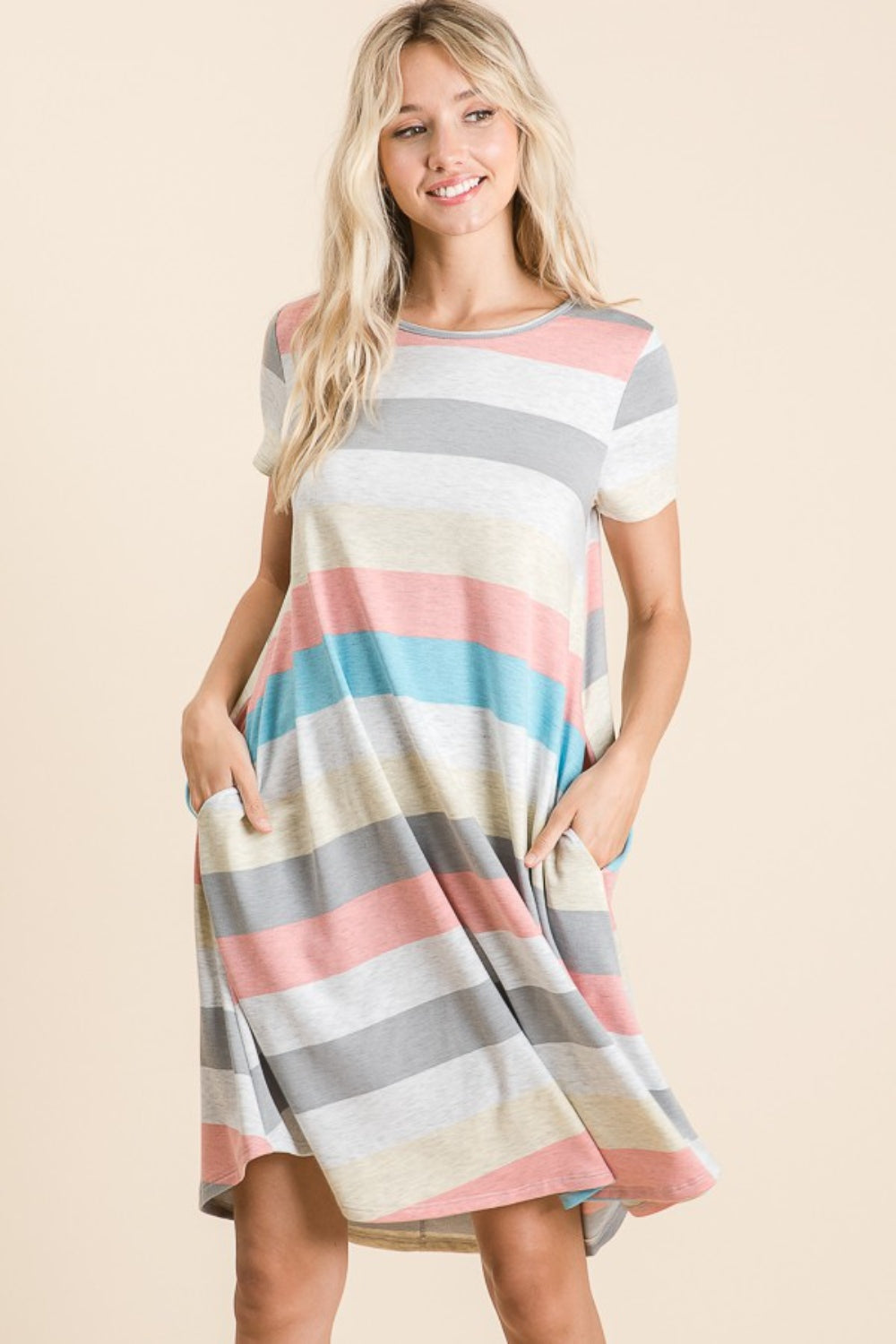 BOMBOM Striped Short Sleeve Dress with Pockets - Classique Collection