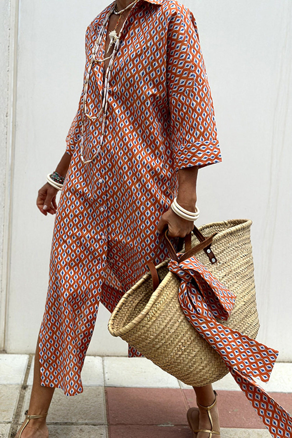 Tied Button Up Three-Quarter Sleeve Dress - Classique Collection