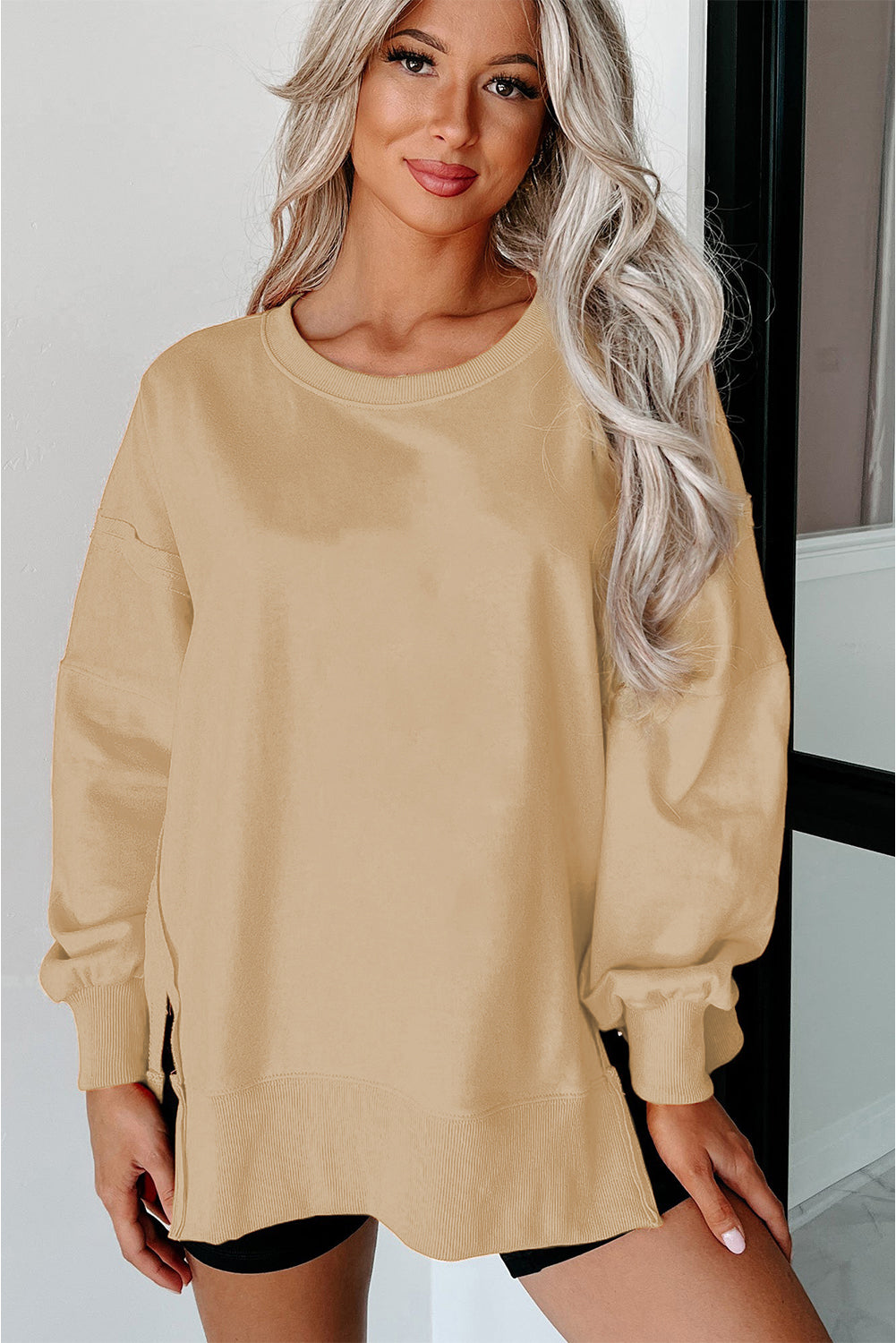 Side Slit Round Neck Long Sleeve Sweatshirt - Classique Collection