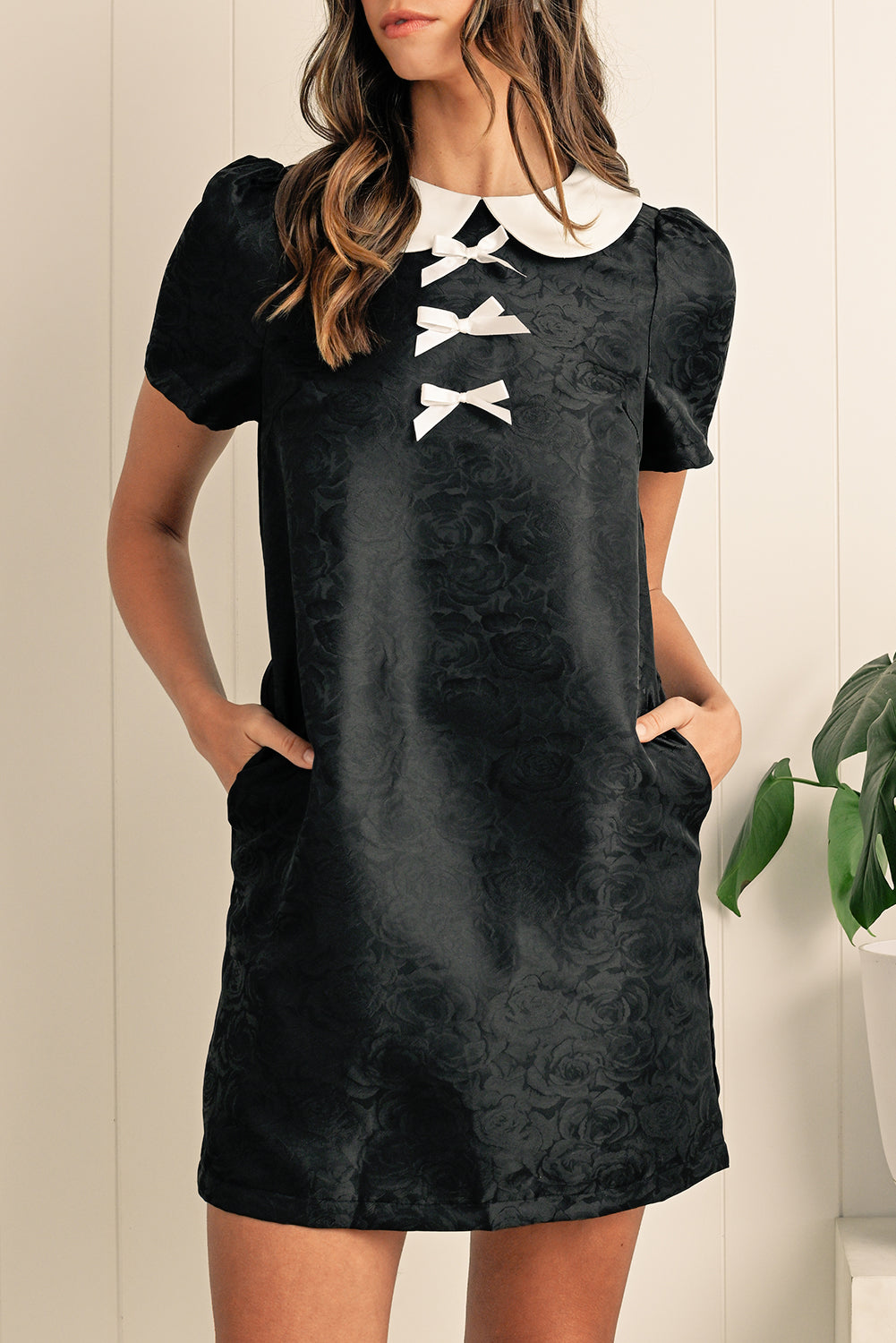 Black Elegant Floral Bow Detail Puff Sleeve Mini Dress - ClassiQ