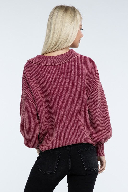 Washed Collared Henley Sweater - Classique Collection