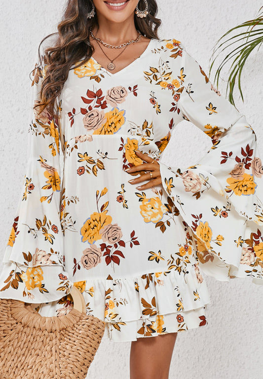 Printed V-Neck Flare Sleeve Mini Dress - Classique Collection
