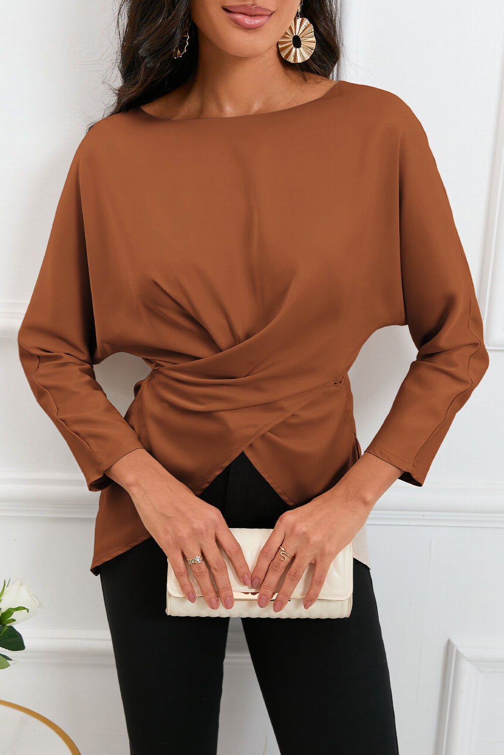 Boat Neck Back Tie Long Sleeve Satin Blouse - Classique Collection
