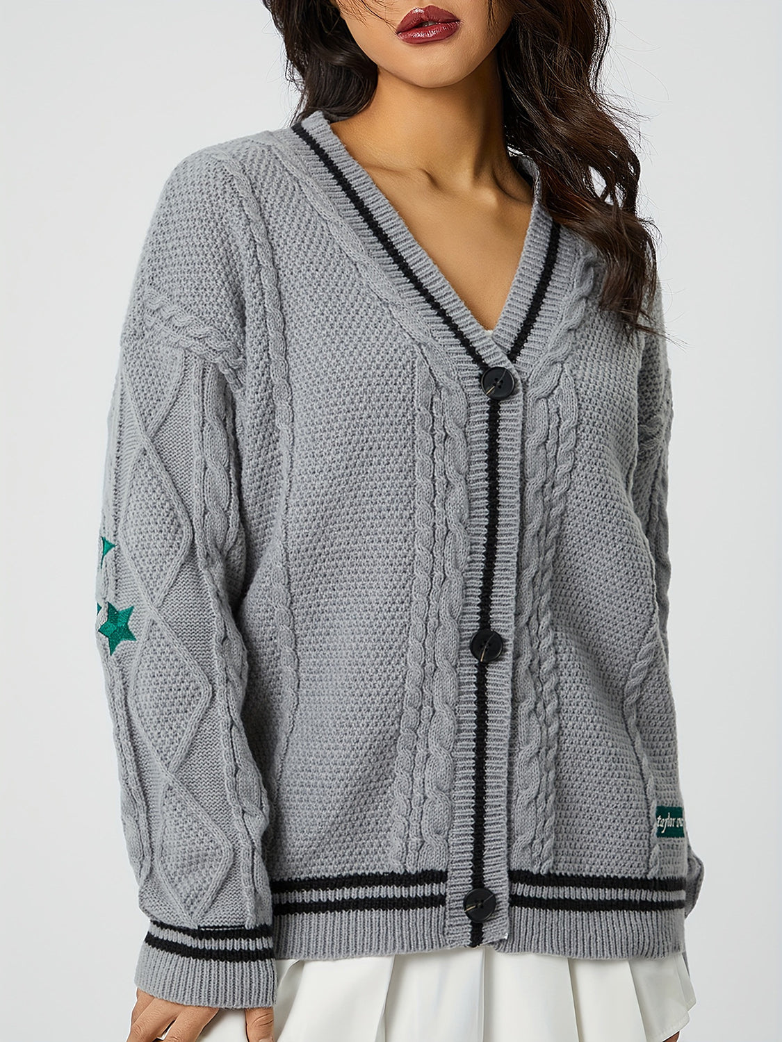 Star Embroidered V-Neck Long Sleeve Cardigan - ClassiQ